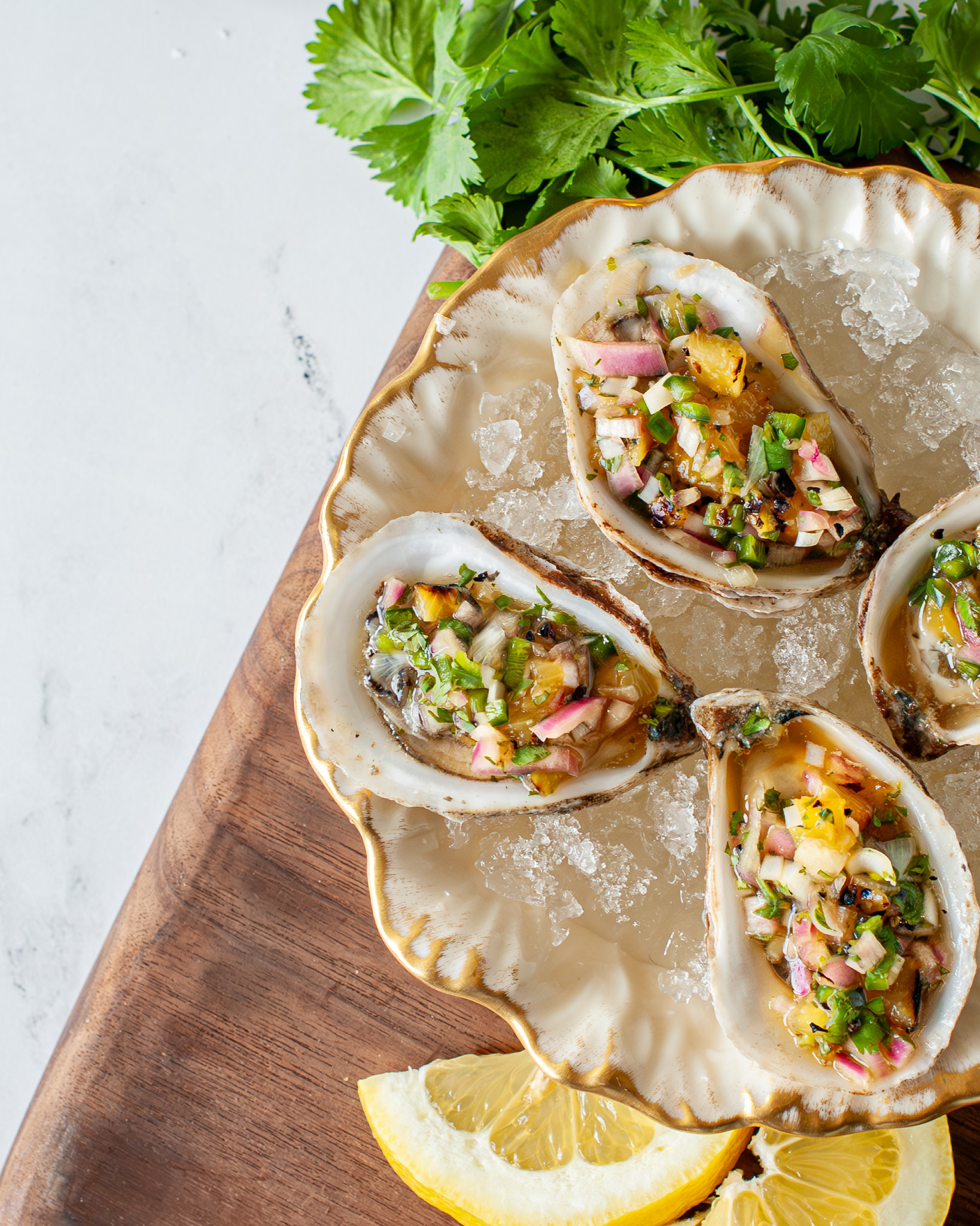 Raw Oysters With Charred Pineapple & Cilantro Mignonette