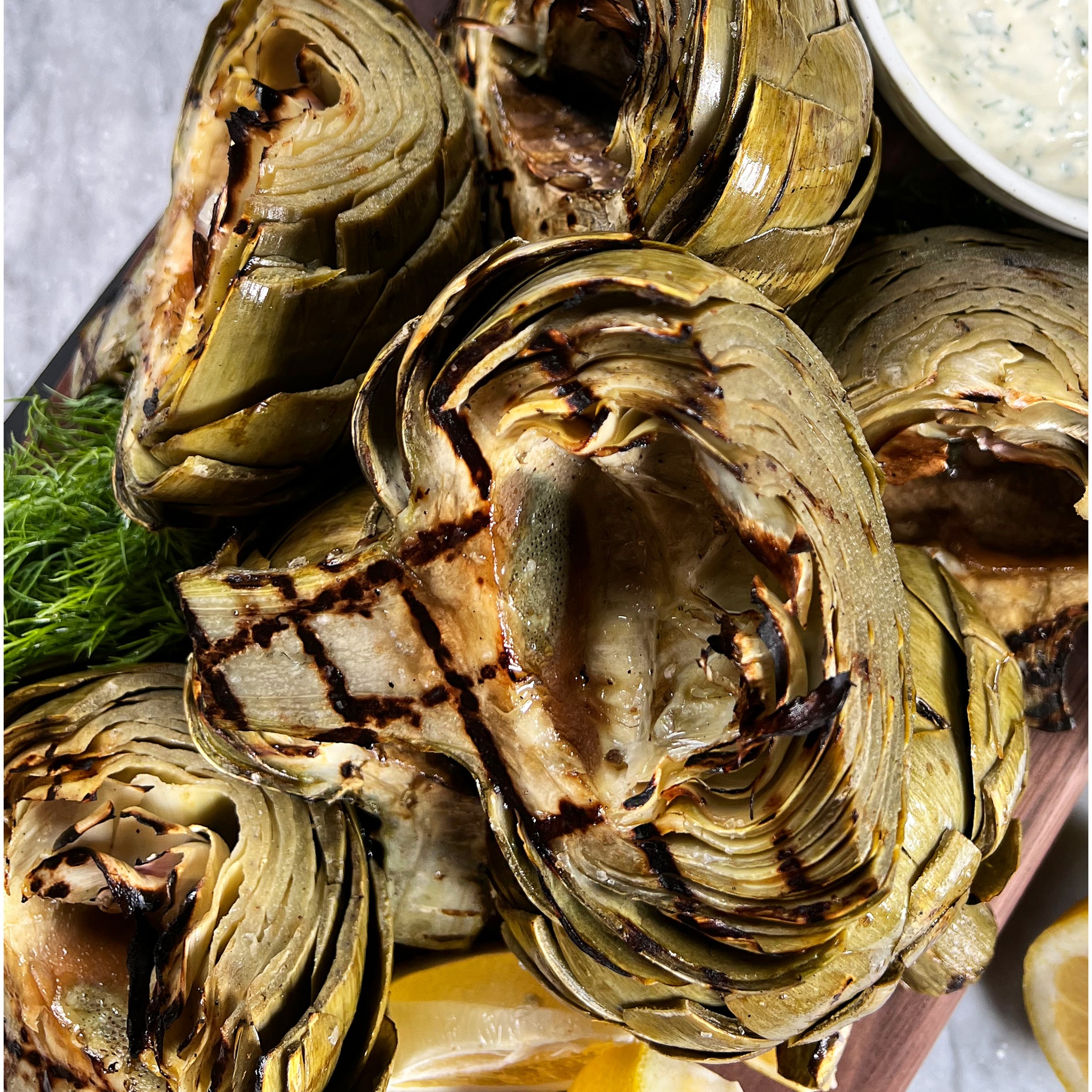 Grilled Artichokes w/ Buttermilk Feta Dip