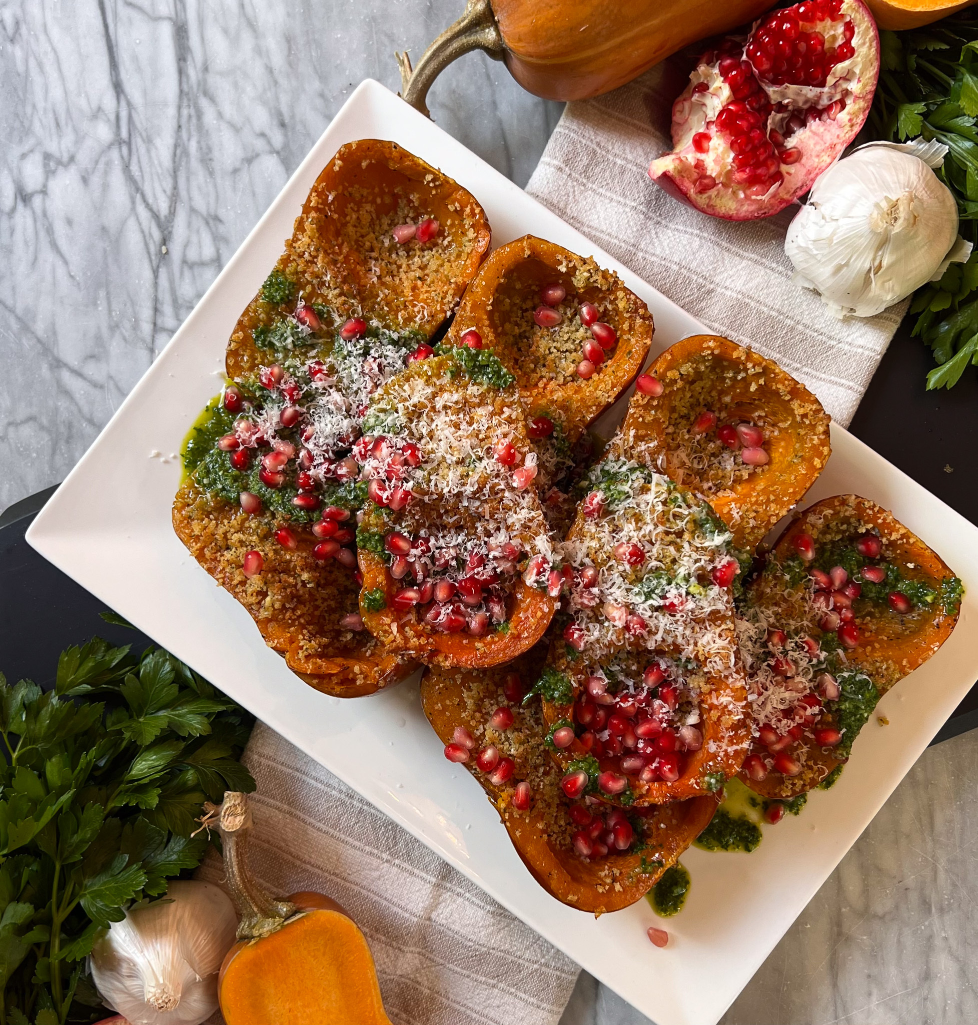 Roasted Honeynut Squash w/ Parmesan Crumbs & Salsa Verde